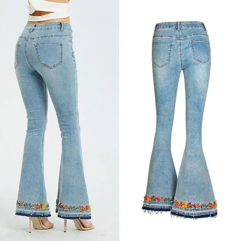 

Women Floral Embroidery Bell Bottom Jeans Push Up Hip Slim Fit Skinny Jean Trousers Light Blue Stretch Wide Legs 3d Denim Pants