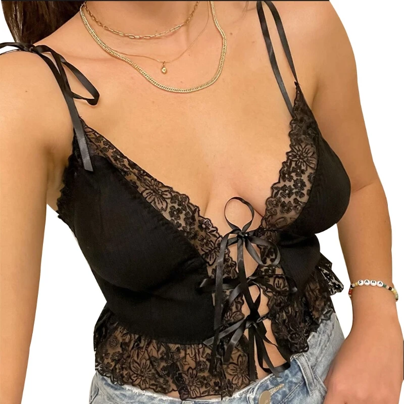 

Women Tie Up Spaghetti Strap Crop Top Sexy V Neck Lace Trim Bandage Camisole