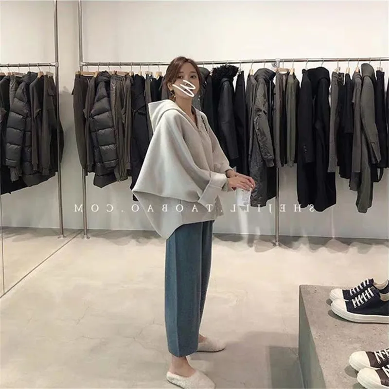 Nuevo traje de dos piezas de gran tamaño las mujeres trajes conjunto de pantalones de pierna ancha sudaderas con capucha Sudadera Mujer abrigo de lana de otoño jersey de Harajuku de lana