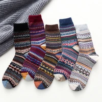 new fashion womens vintage winter soft warm womens socks thickened wool socks in tube knit wool printing socks 5 pair pack