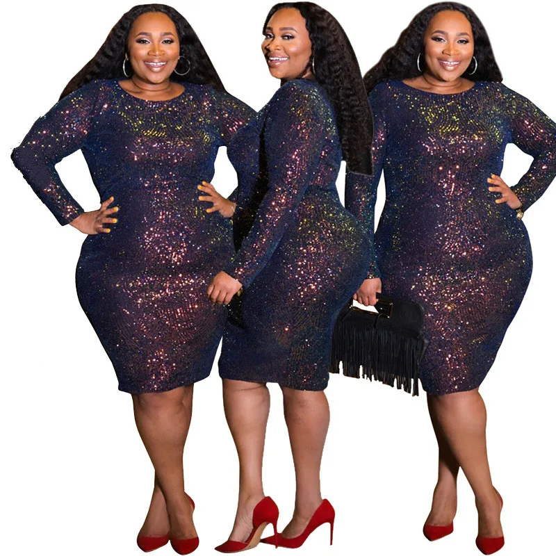 

Tight-fitting long-sleeved colorful sequins nightclub dresses women's dresses plus size sexy dress