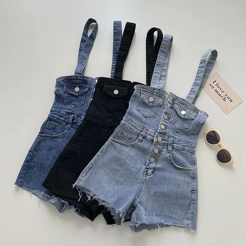 

2021 Fashion Denim Jumpsuit Women Summer High Waist Single-breasted Jeans Playsuit Combinaison Femme Plus Size Women Clothes