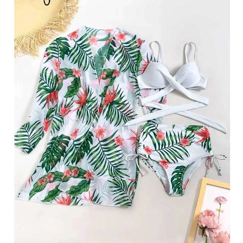 

2021 New Sexy Three Pieces Bikini Set Cover Up Swimwear Women Swimsuit Print Long Sleeve Bathing Suit Beachwear Swimming