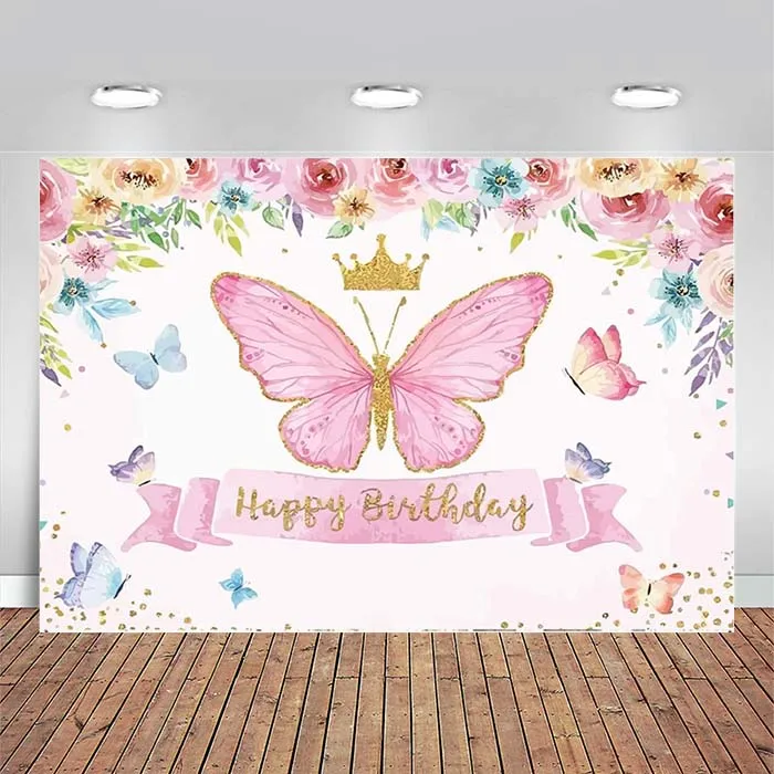 Enlarge Happy Birthday Theme Photography Backdrops Butterfly Pink Rose Flower Crown Photo for Fairy Princess Girl Birthday Decoration