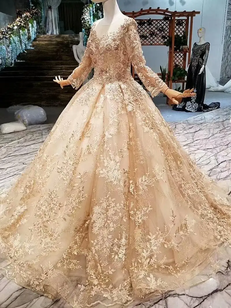 gold wedding dress Сексуальные свадебные платья цвета шампанского, золотые, роскошные длинные рукава, Кружевная аппликация тюля украшенного бусами, бальное платье, платье невесты, Vestido De Noiva - Цвет: gold wedding dress