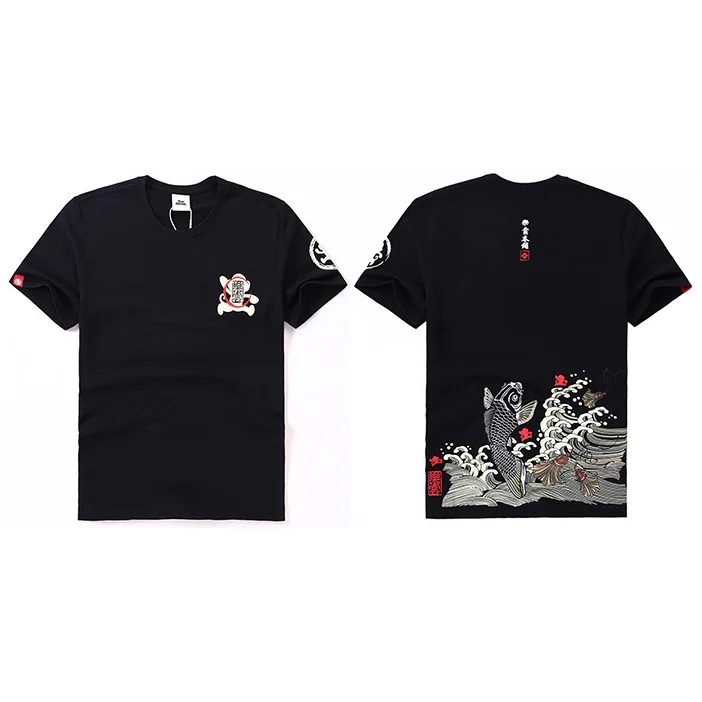 A82LY07 Black Японская уличная одежда, футболка с вышивкой рыбы, Мужская Harajuku футболка с принтом денег, футболка в стиле хип-хоп, топы, футболки из хлопка с коротким рукавом - Цвет: A82LY07 Black