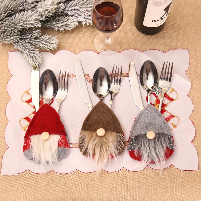 4pcs Cute Cartoon Santa Beard Swedish Gnome Christmas Knife Fork Spoon Bags Covers Hotel Home Kitchen Party Dinner Table Decor | Дом и сад