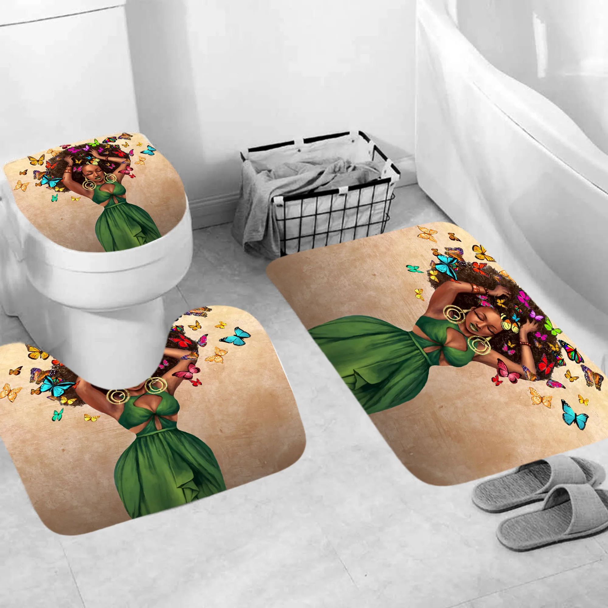 

Indian Afro Girl Trendy Non-Slip Bathroom Mat Dreadlocks Queen's Crown U Shape Mat Fabric Polyester Toilet Cover Home Decor