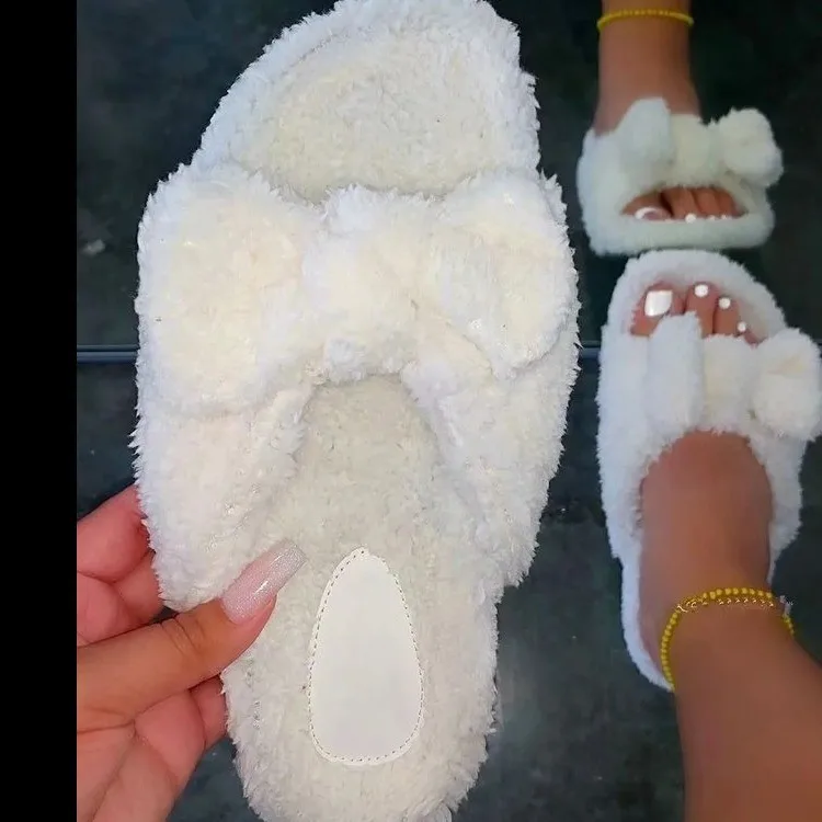 

2021 Autumn Fluffy Raccoon Faux Fur Slippers Shoes Women Fox Fur Sandals Flat Furry Fur Slides Bowknot Sandals Sandalias Mujer
