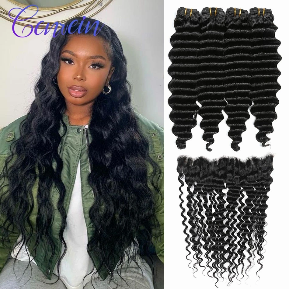 

Peruvian Weave Bundles With Frontal Transparent Genrein Hair Deep Wave Human Hair Bundles With Lace Frontal Closure