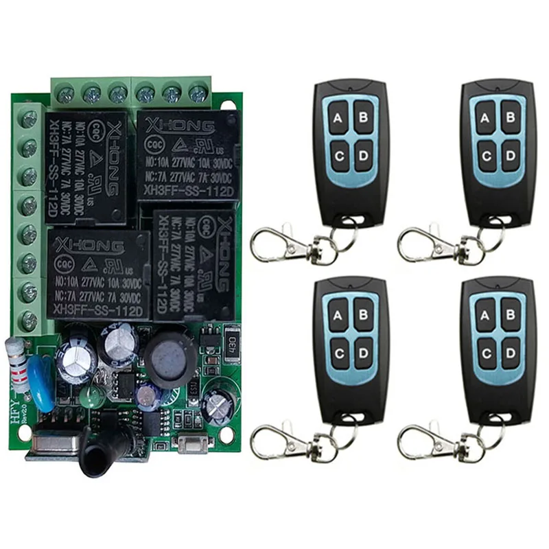 

433MHz Universal Wireless Remote Control AC 110V 220V 10Amp 2200W 4CH Relay Receiver Module RF Switch for Gate Garage opener