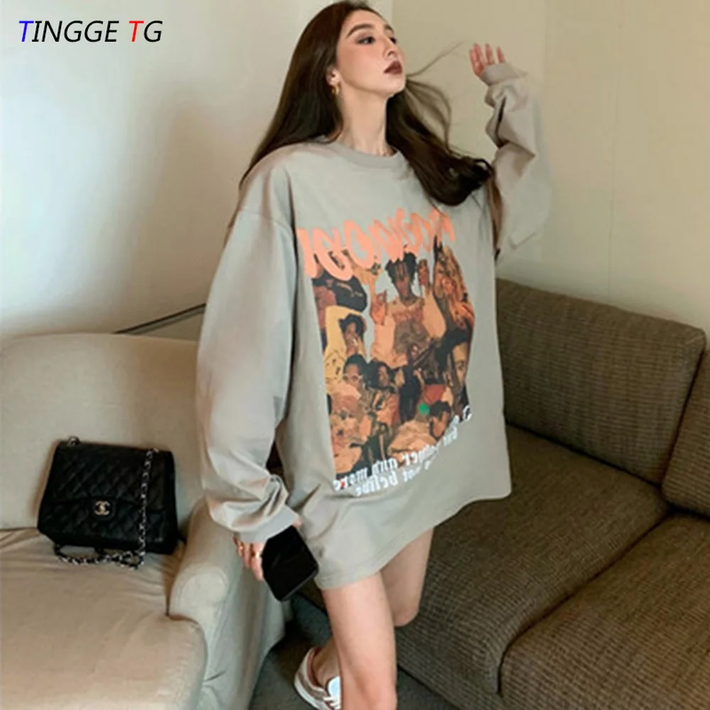 

Top Women's Autumn Casual Loose Thin Printed Text Pattern Mid-length Long Sleeve T-Shirt 2022 Y2k Oversize Traf Za official