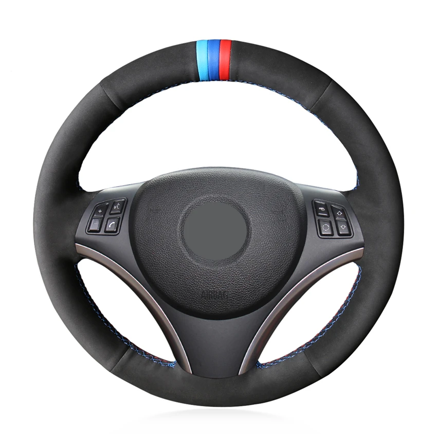 

Light Blue Blue Red Marker Black Suede Soft Anti-slip Hand Sew Car Steering Wheel Cover for BMW 335i E87 120i E90 320i 325i 330i