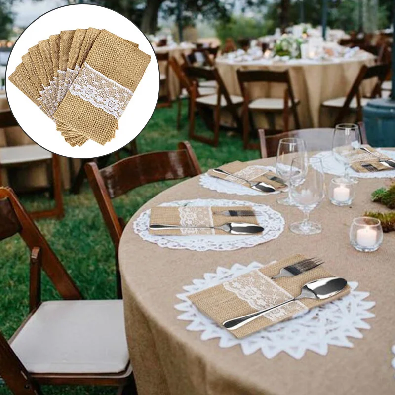

Jute Cloth Tableware Knife Fork Vintage Bag Burlap Lace Cutlery Pouch Rustic Wedding Burlap Fork Holder Bag Table Decoration