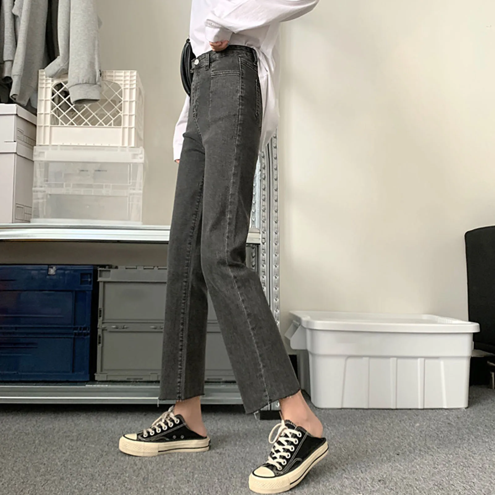 

Jeans Women Denim Long Trousers Straight Korean Style Pockets Womens High Waist Casual Loose Students Streetwear Harajuku Chic