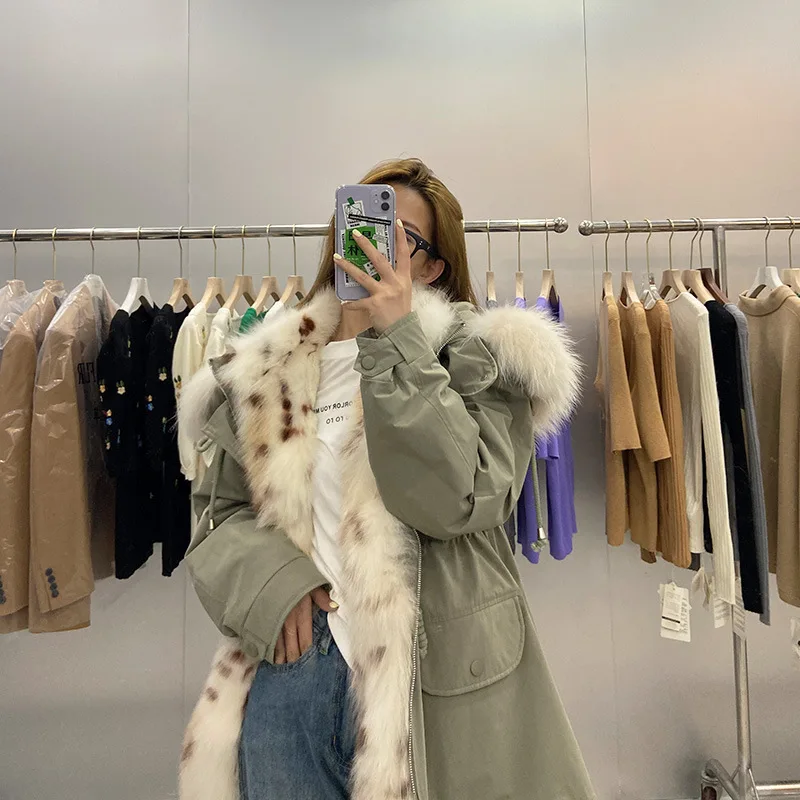 

2021 Winter Warm Jacket Mid-Length Raccoon Fur Cap Collar Parkas Women Fox Fur Placket Rex Rabbit Fur Liner Real Fur Coat