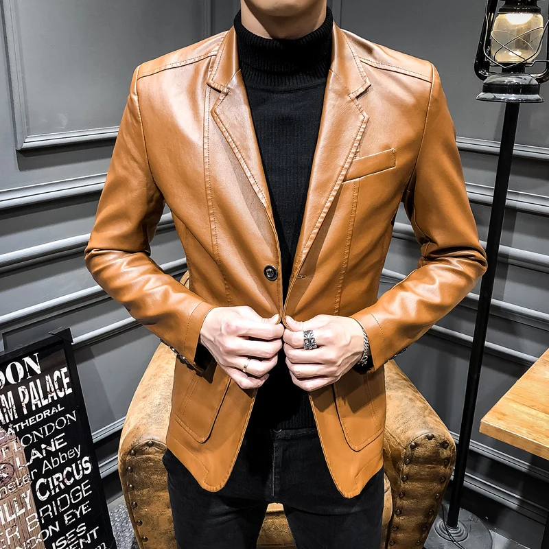 

2020 new autumn and winter Korean version self-cultivation youth mens Thin Long leather jacket handsome lapel Chinese Style Blue