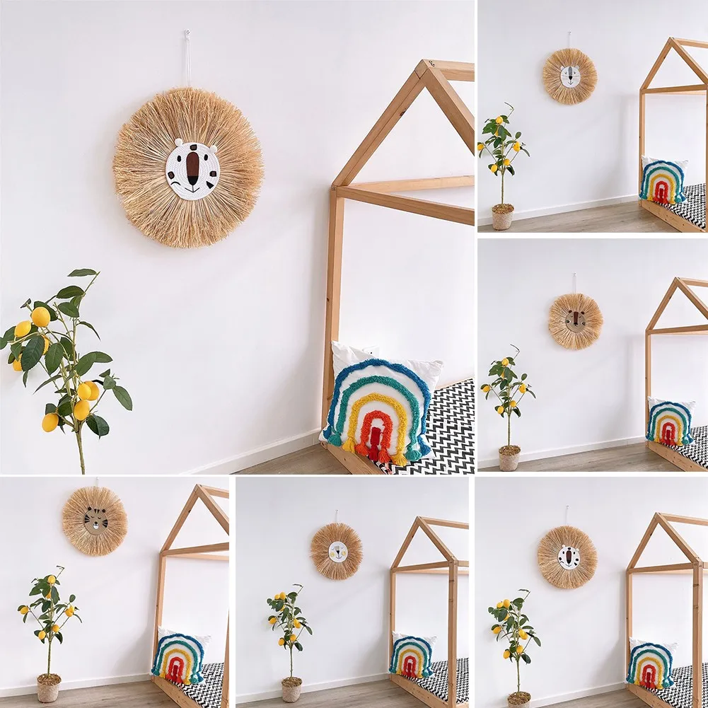 

60*50cm Hand Woven Cartoon Lion Tiger Hanging Decoration Lafite Thread Weaving Animal Head Ornament Children Room Wall Hanging