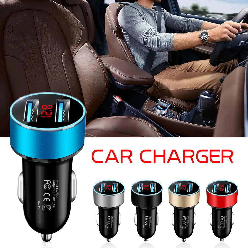 

USB Car Charger 2 Port LED 3.1A Universal Phone Fast Charging for iPhone Samsung Automobile Mirror Dual Quick Charge Adapter