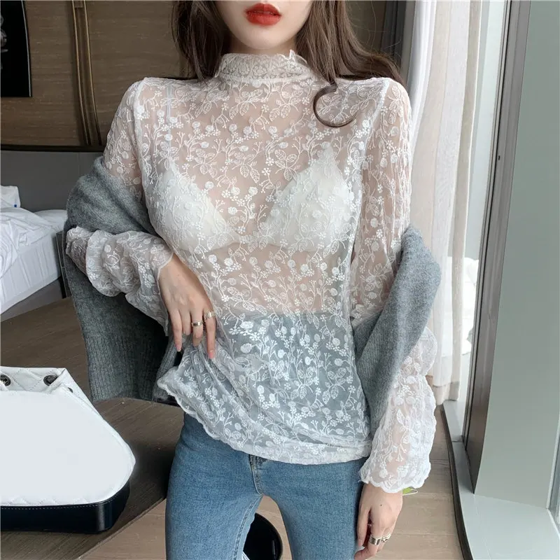 RealShe сетчатая женская футболка с высоким воротом и длинным рукавом однотонная