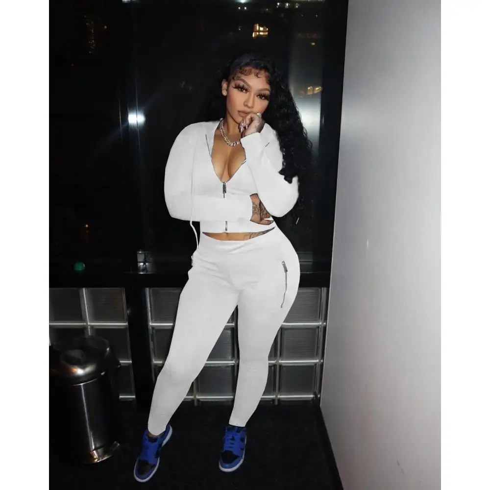 

Solid Color Slim Tracksuit Outfits for Women Long Sleeve Zipper Hooded Crop Tops and Zip Pockets Sweatpants Trousers Co Ord Sets
