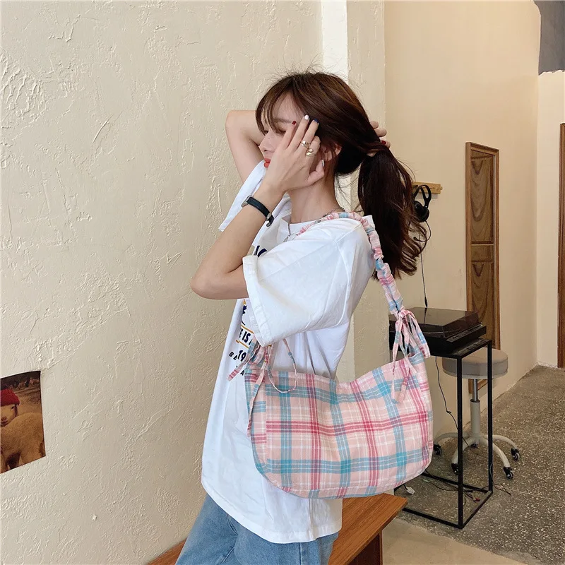 

Simple Cotton Women Drawstring Shoulder Bags Vintage Design Ladies Plaid Underarm Bag Girls Student Summer Small Tote Handbags