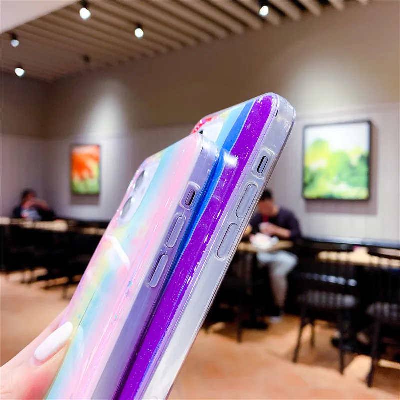 

Bling Laser Rainbow Phone Case For iPhone 12 11 Pro XR XS Max 7 8 Plus X Luxury 2 in 1 Soft Epoxy Back Cover Cases Coque
