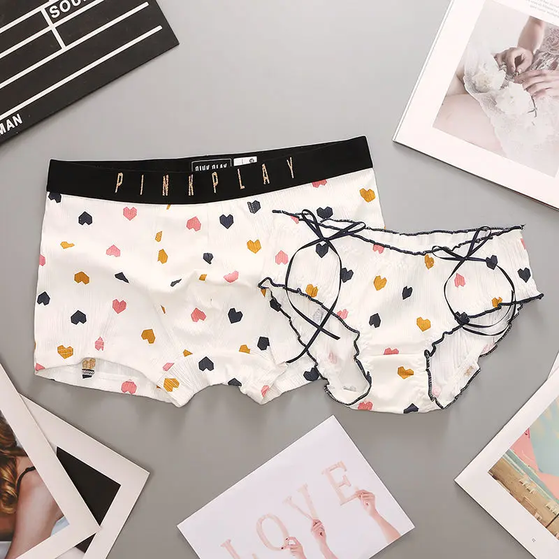 Heart Couple Panties Set Men's Underpants Women's Underwear Cotton Panties For Lover's Panties Style Cozy Men Women Underpants
