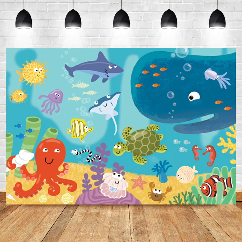 

Laeacco Cartoon Underwater World Whale Baby Birthday Party Room Decor Backdrop Photographic Photo Background For Photo Studio