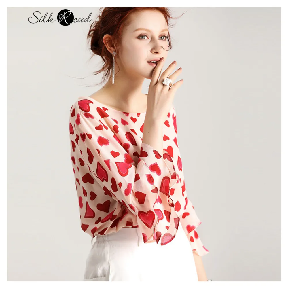 Silviye Love printed double layer trumpet Sleeve Silk Top Women's fashion nine sleeve straight round neck T-shirt