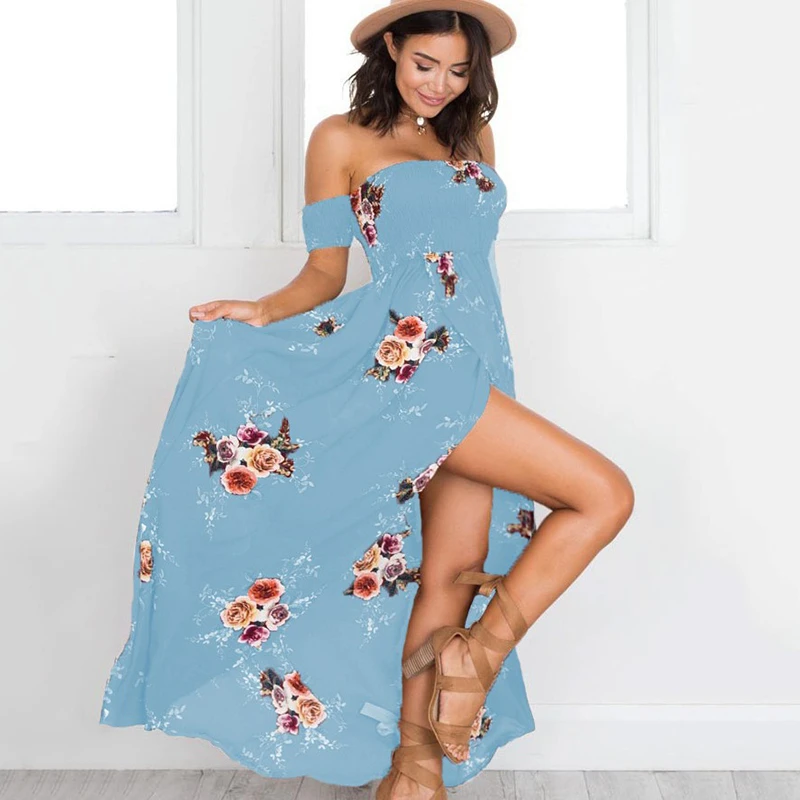 

2021 Summer Women Boho Sexy Off Shoulder Floral Print Maxi Long Dresses Ladies Beach Vintage Strapless Vestidos Female Plus Size