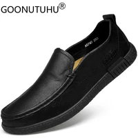 mens casual shoes leather genuine cow slip on loafers male new hollow black brown breathable flats shoes for men big size 37 46