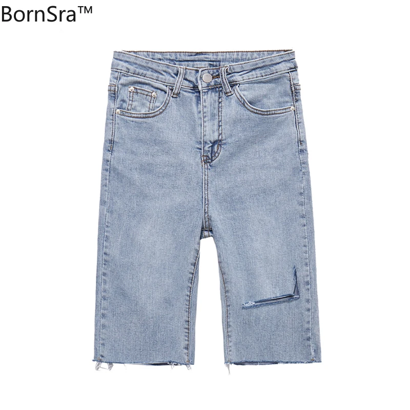 

BornSra Casual Stretch High Waist Blue Destroy Ripped Denim Shorts 2020 Summer Women Pockets Tassel Midi Shorts Jeans for Women