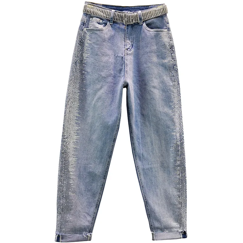 

Rhinestone denim women jeand summer new high waist pocket harem ankle length solid female jeans top quality