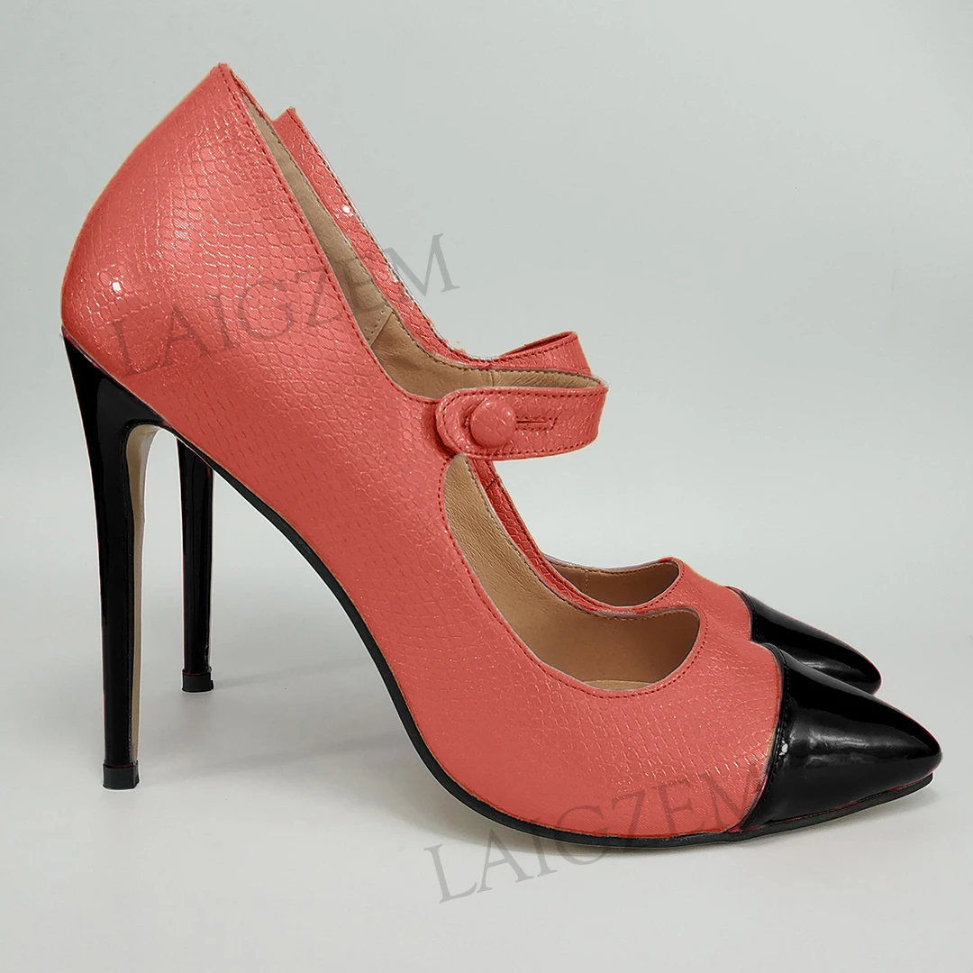 Red-Black LAIGZEM/элегантные женские туфли-лодочки на шпильке в стиле пэчворк; Туфли Mary Jane на каблуке с острым носком; Salto; женские вечерние туфли-лодочки; большие размеры 45-47 - Цвет: Red-Black