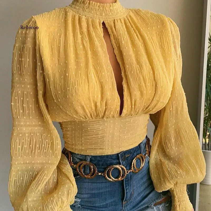 

Spring and Summer Women's Solid Puff Sleeve Yellow Sexy Fashion Loose Hollow Top Spring Top and Blouse