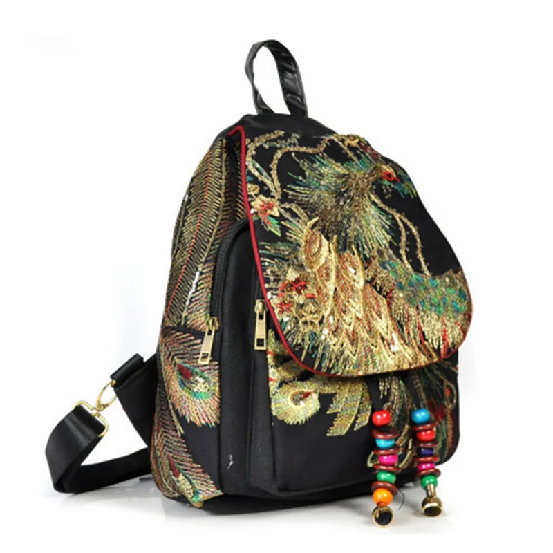 Рюкзак женский винтажный с вышивкой Фениксом и бисером | Багаж сумки