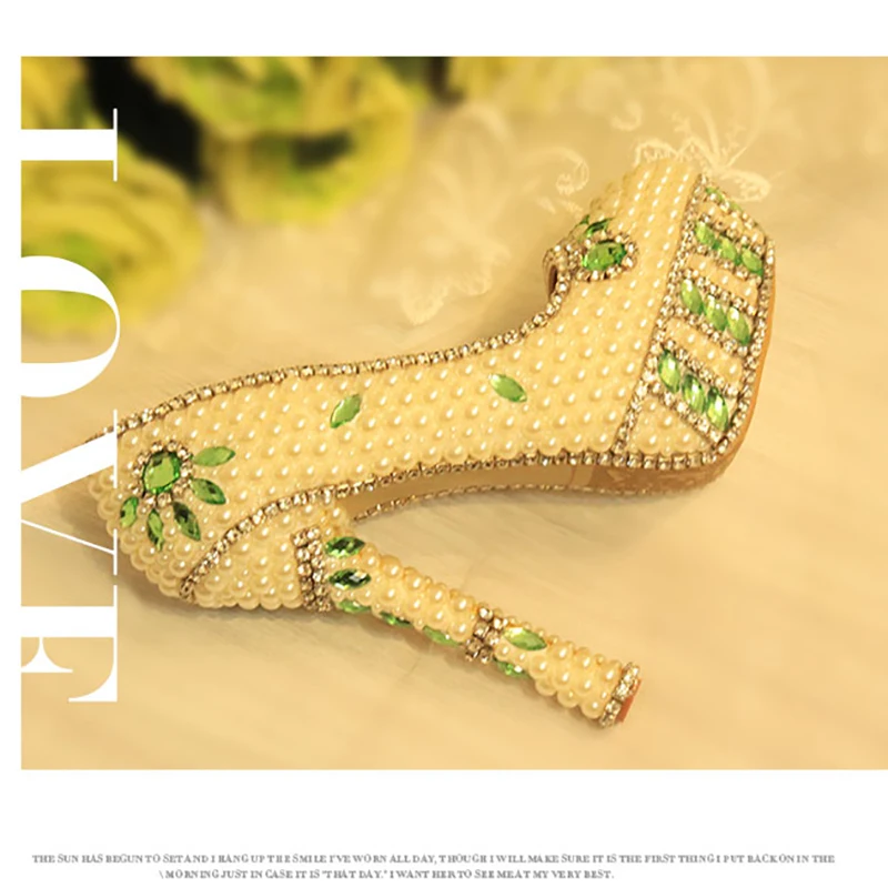 

Wedding Shoes Beige Pearl Green Crystal Decor Pumps Women Shoes High Heels Platform Round Toe Sexy Bridal Rhinestone Party Shoes
