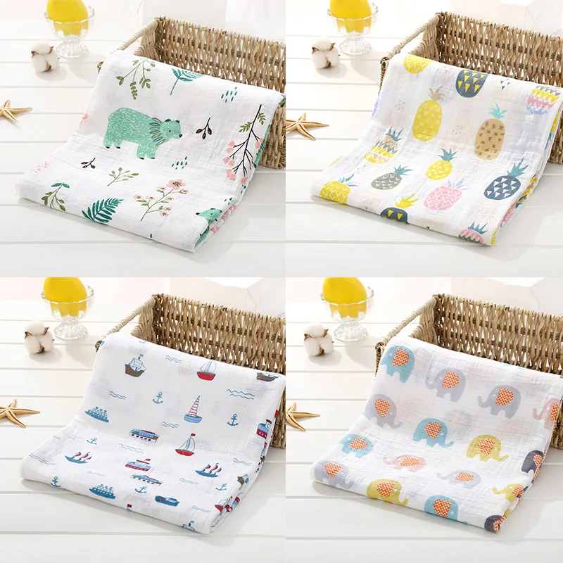 

2 Layers 120*120cm Muslin100% Cotton Baby Swaddle Cartoon Soft Newborn Blankets Bath Gauze Infant Wrap Sleepsack Stroller Cover