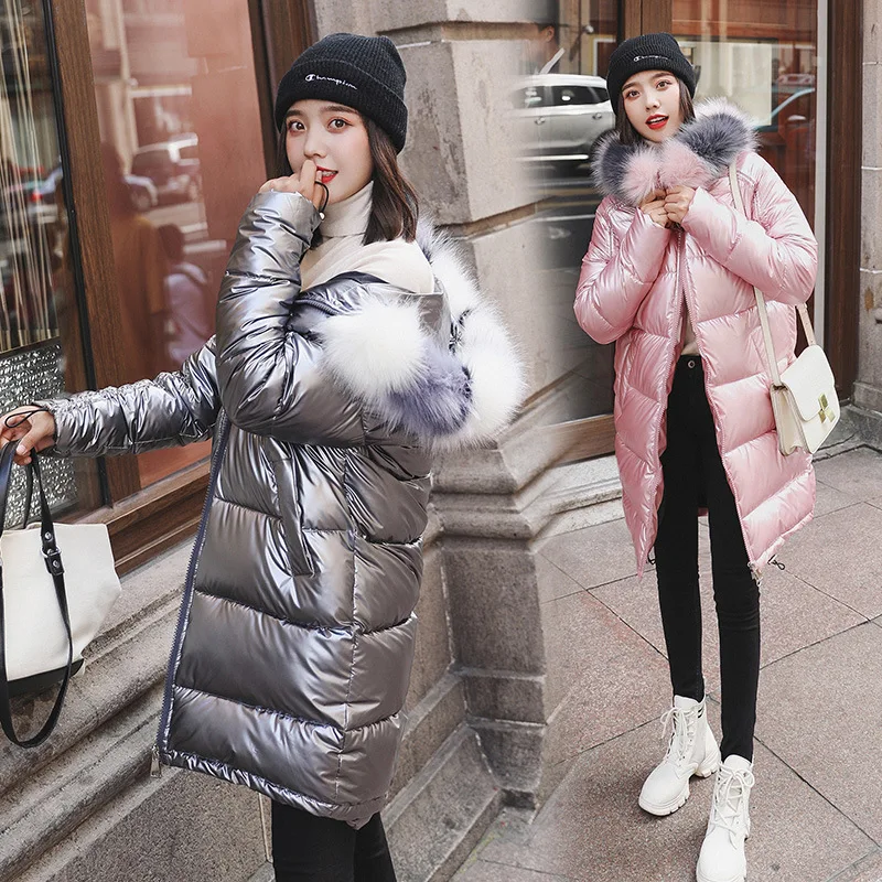 JuneLove шикарное зимнее блестящее пуховое пальто с капюшоном и меховым воротником