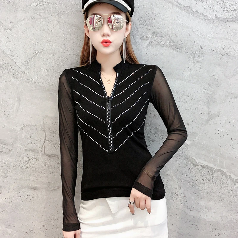 Рубашки вышитые бисером на молнии 2019 pring осень зима женская футболка Стразы