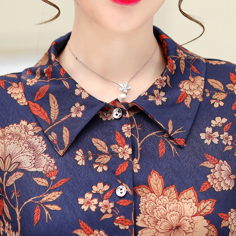 

New Summer 2020 Women Floral Blouse Elegant Mother Silk Shirt Short Sleeve Printing Silk Clothes