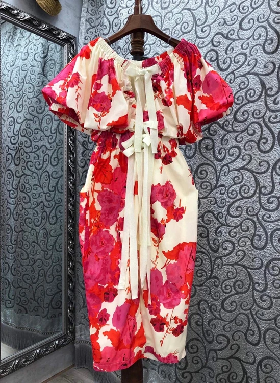 

2021 early spring new women's round neck printing color matching waist long dress 1228