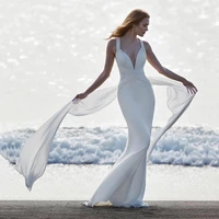 elegant wedding dress white v neck sweep train mermaid satin backless sleeveless wedding party de fiesta robe de soiree