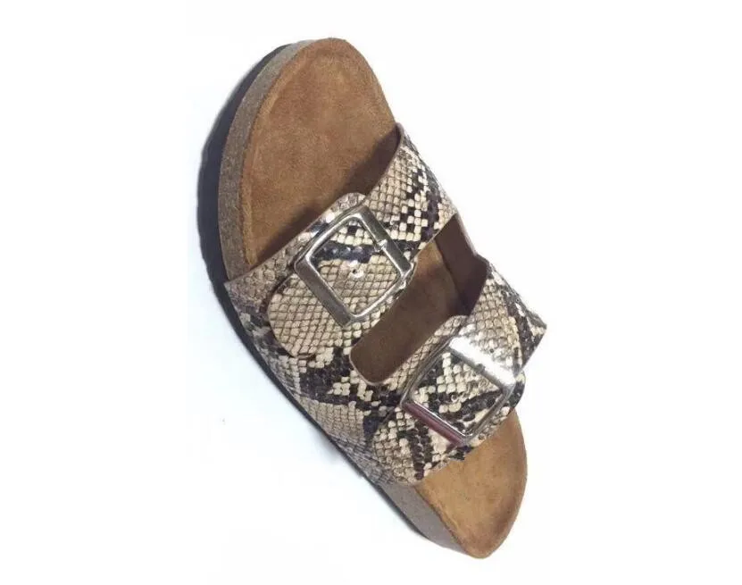 

Women leather pu sandals 2020 new flip flop outdoor travel beach shoes snake pattern double buckle bright color slippers