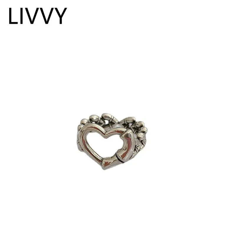 

LIVVY Silver Color Love Heart Hollow Connection Ring Female Fashion Temperament Elegant French Light Luxury Jewelry