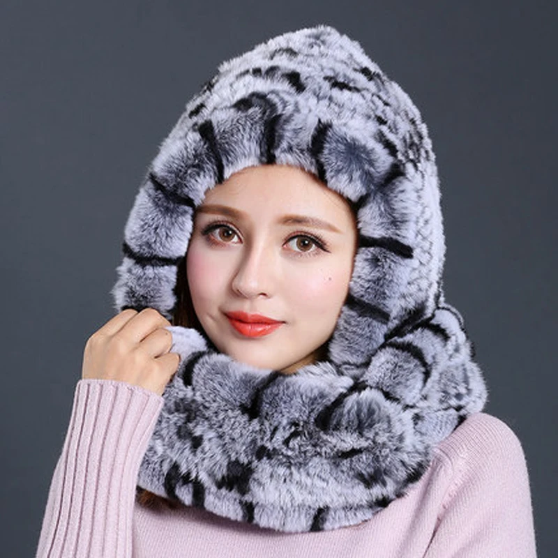 QUEENAWEET шаль из натурального меха Вязаное пончо кроличьего с капюшоном вязаный