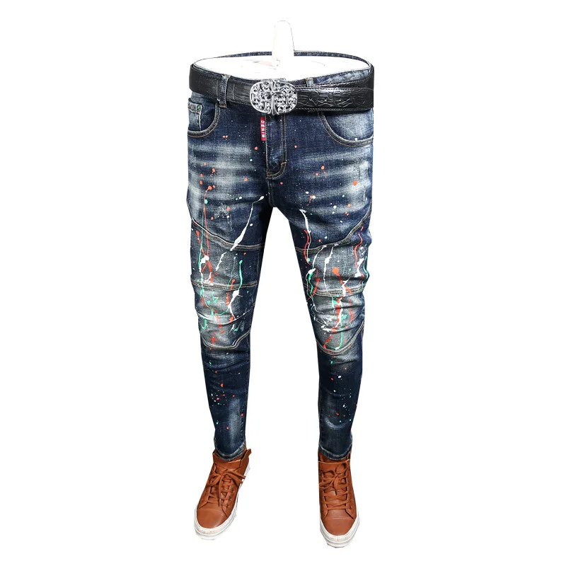 Men's Ink-Splattered Jeans Men Spring Slim Fit Elastic Punk Trousers Spliced Biker Jeans Fashion Personality Streetwear Hip Hop