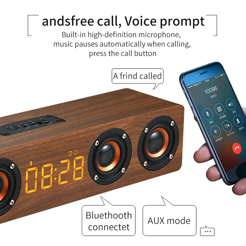 Home Theater Wooden TV Soundbar Wireless Column Bluetooth Speaker Alarm Clock Multi-function Subwoofer for Computer Speakers AUX
