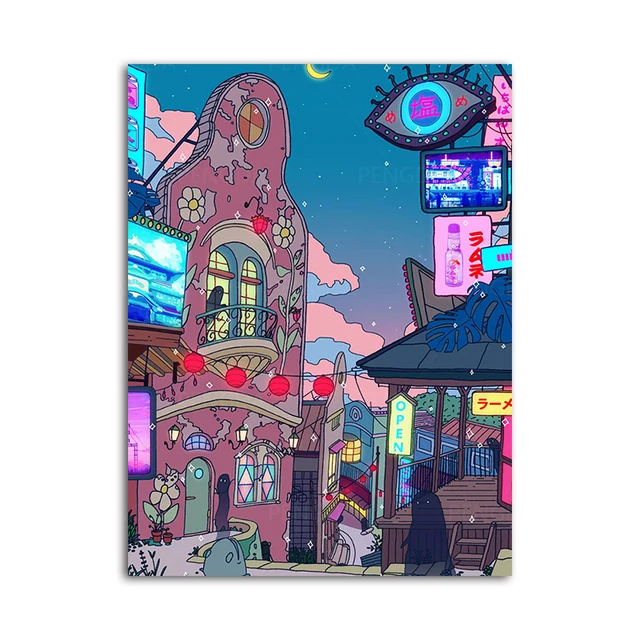 

HD Cartoon View Street Prints Poster Home Decoration Canvas Wall Art Night Tree Cute Painting For Bedroom Modular Pictures